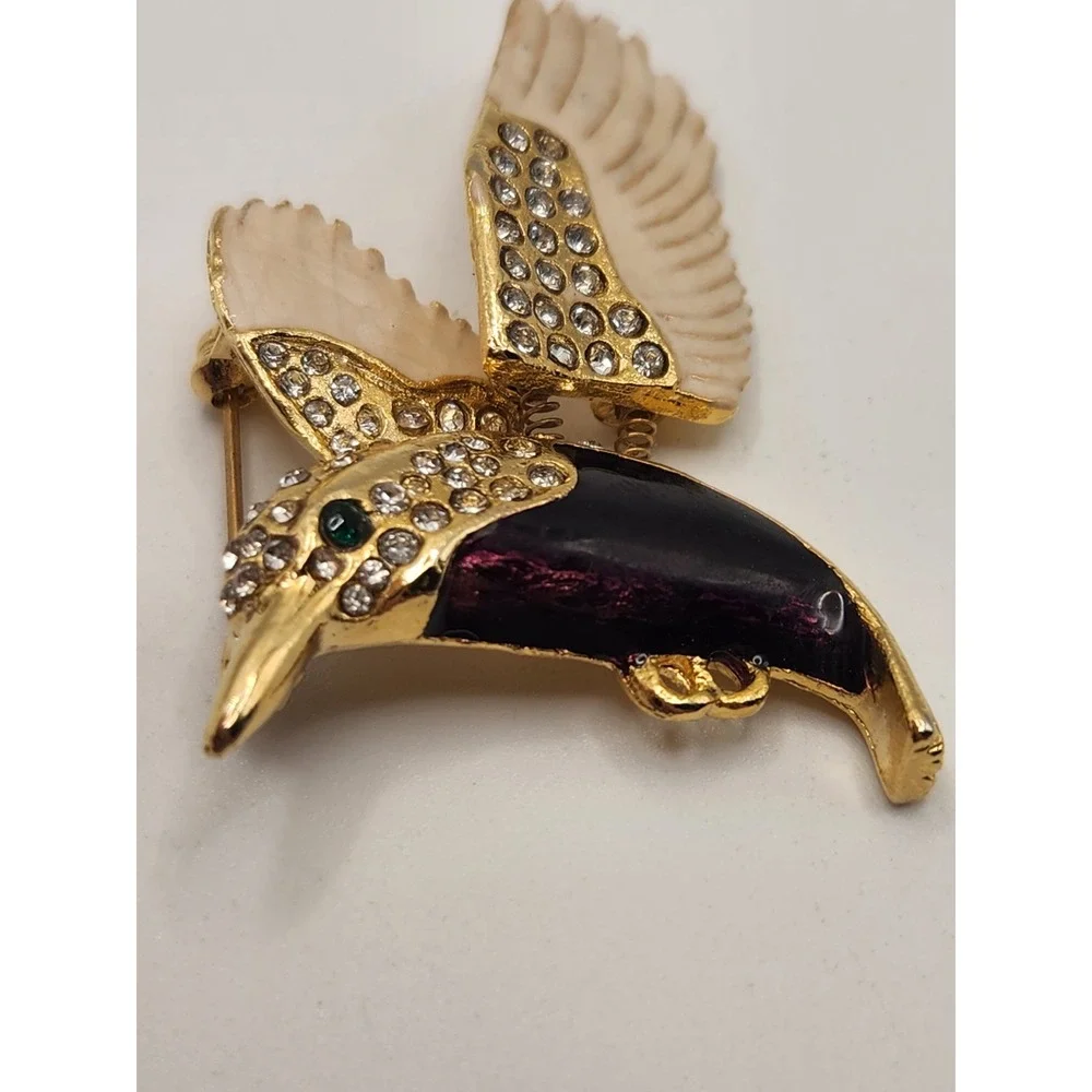 Gold Tone Purple Enamel Rhinestone Hummingbird Trembler Brooch Pin‎ Bird
